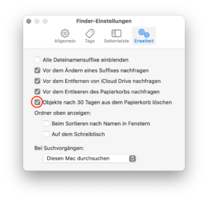 macOS Papierkob autpmatisch leeren